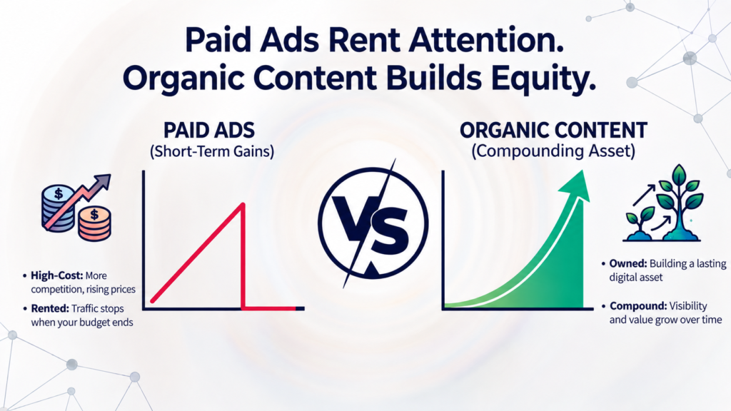 Paid Ads Vs Organic Content: What Delivers More? Paid ads vs organic content marketing infographic showing short-term results versus long-term growth.