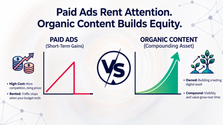 Paid Ads Vs Organic Content: What Delivers More? Paid ads vs organic content marketing infographic showing short-term results versus long-term growth.