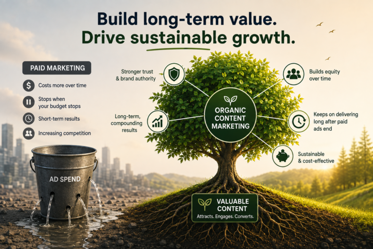Why You Should Invest in Organic Content Marketing Organic content marketing infographic comparing paid advertising’s short-term results with long-term growth, trust, brand equity and sustainable value.